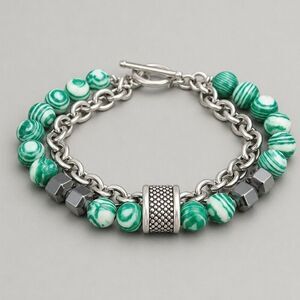 Green Marbleized Bead & Chain Bracelet - Simulated Malachite & Hematite